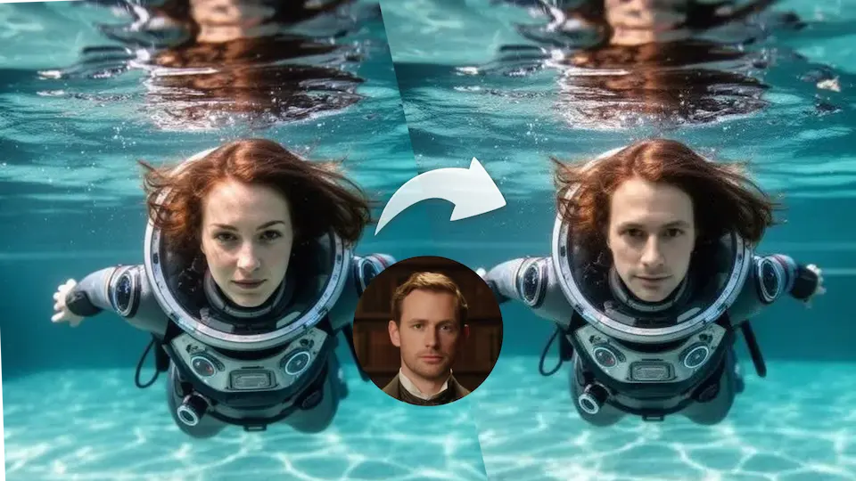 Before and after comparison showing professional photo face swap results using our free online AI tool
